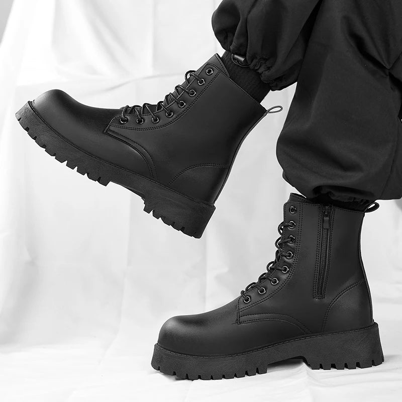 Botas informales para parejas, botas altas de cuero para hombres y mujeres de cuatro estaciones, botas antideslizantes de suela gruesa a la moda para exteriores de talla grande