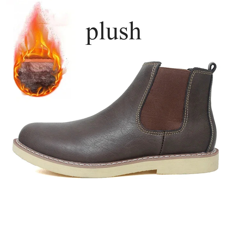 Botas Chelsea de cuero de estilo británico para hombre, botines cortos sin cordones, cálidos, de felpa, para invierno