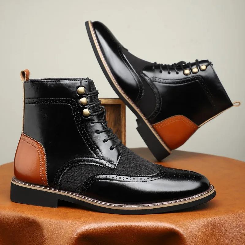 Botas altas para hombre, botas de cuero puntiagudas de estilo británico, botas de vestir de negocios a la moda para hombre, botines informales zapatos Brogue
