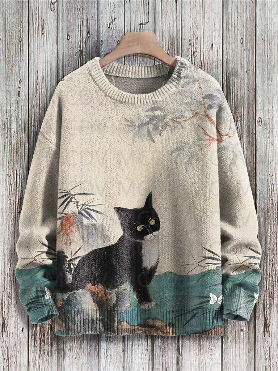 Jersey de punto con estampado de gato para hombre y mujer, jersey de estilo Retro japonés con pintura artística informal