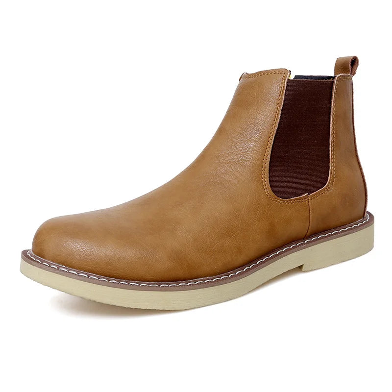 Botas Chelsea de cuero de estilo británico para hombre, botines cortos sin cordones, cálidos, de felpa, para invierno