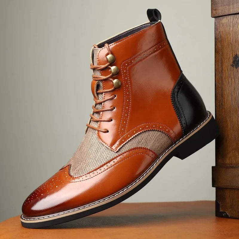 Botas altas para hombre, botas de cuero puntiagudas de estilo británico, botas de vestir de negocios a la moda para hombre, botines informales zapatos Brogue