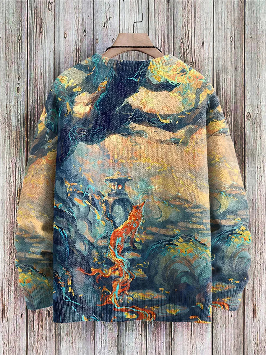 Jersey de punto con estampado de gato para hombre y mujer, jersey de estilo Retro japonés con pintura artística informal