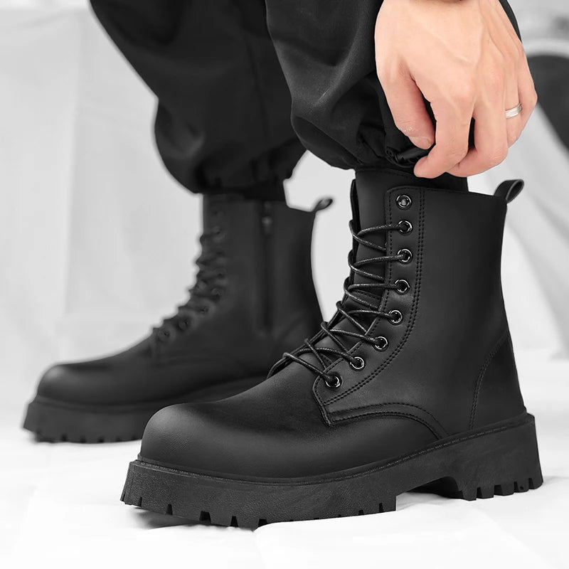 Botas informales para parejas, botas altas de cuero para hombres y mujeres de cuatro estaciones, botas antideslizantes de suela gruesa a la moda para exteriores de talla grande