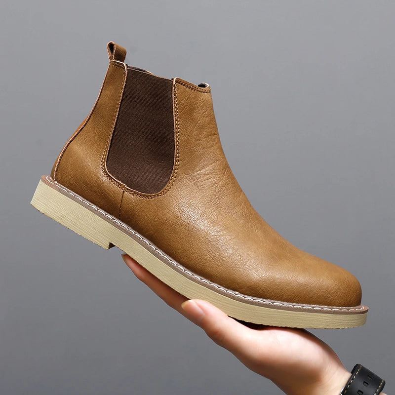 Botas Chelsea de cuero de estilo británico para hombre, botines cortos sin cordones, cálidos, de felpa, para invierno