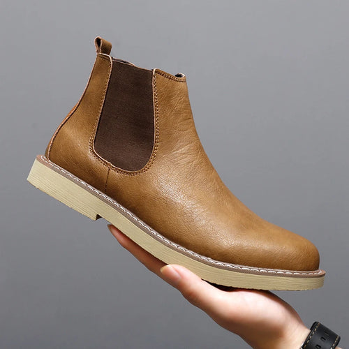Botas Chelsea de cuero de estilo británico para hombre, botines cortos sin cordones, cálidos, de felpa, para invierno