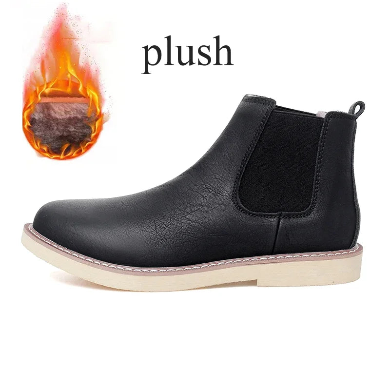 Botas Chelsea de cuero de estilo británico para hombre, botines cortos sin cordones, cálidos, de felpa, para invierno