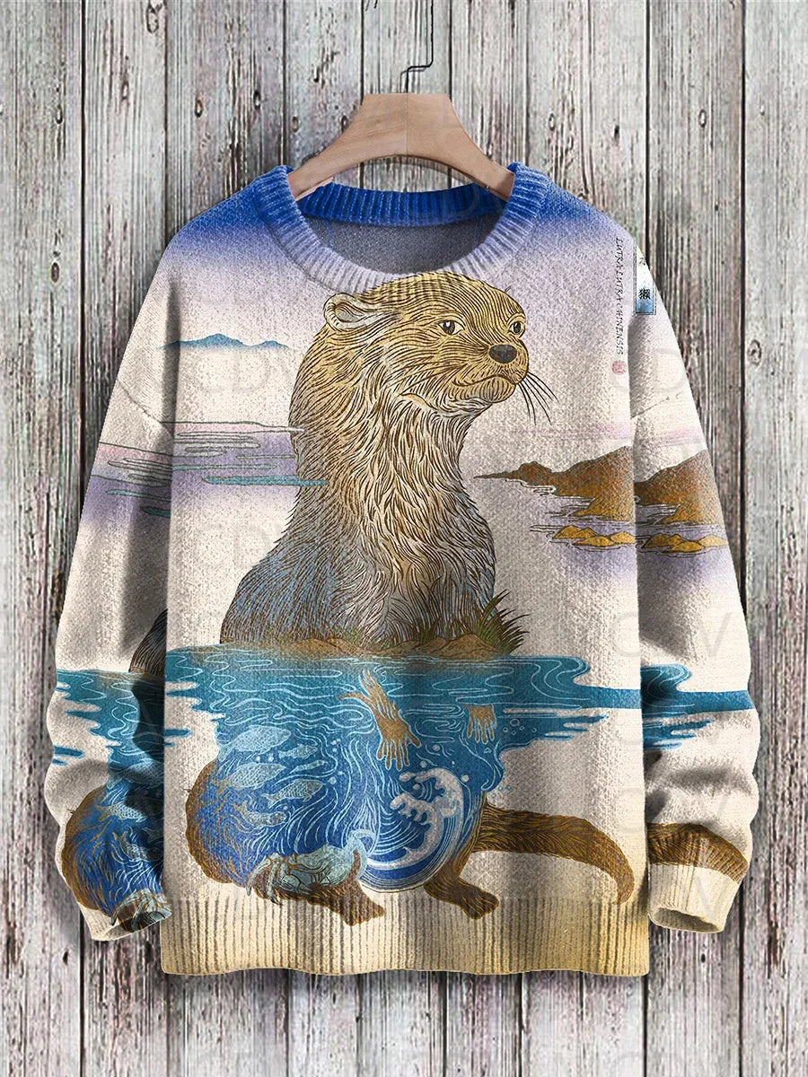 Jersey de punto con estampado de gato para hombre y mujer, jersey de estilo Retro japonés con pintura artística informal