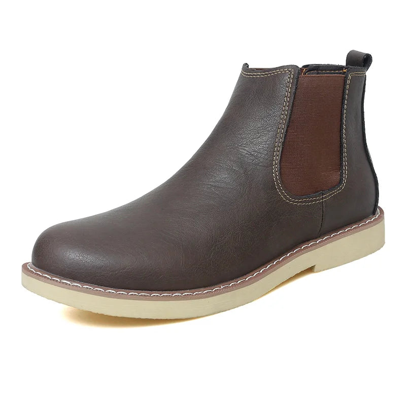 Botas Chelsea de cuero de estilo británico para hombre, botines cortos sin cordones, cálidos, de felpa, para invierno