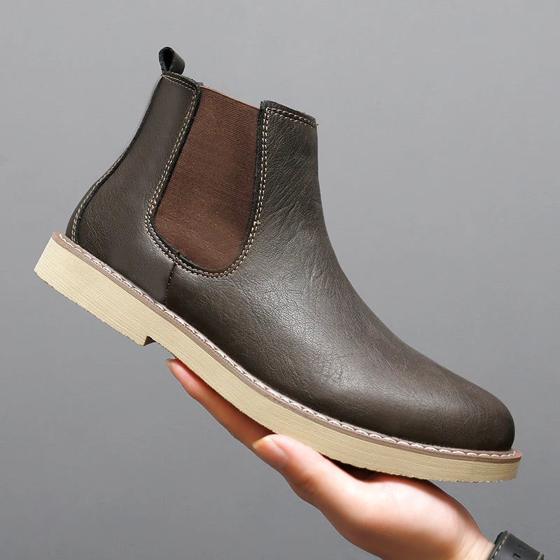 Botas Chelsea de cuero de estilo británico para hombre, botines cortos sin cordones, cálidos, de felpa, para invierno