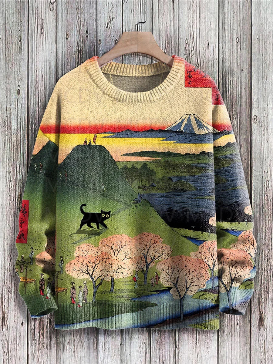 Jersey de punto con estampado de gato para hombre y mujer, jersey de estilo Retro japonés con pintura artística informal