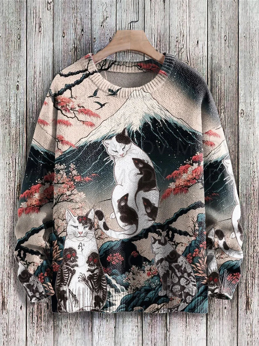 Jersey de punto con estampado de gato para hombre y mujer, jersey de estilo Retro japonés con pintura artística informal