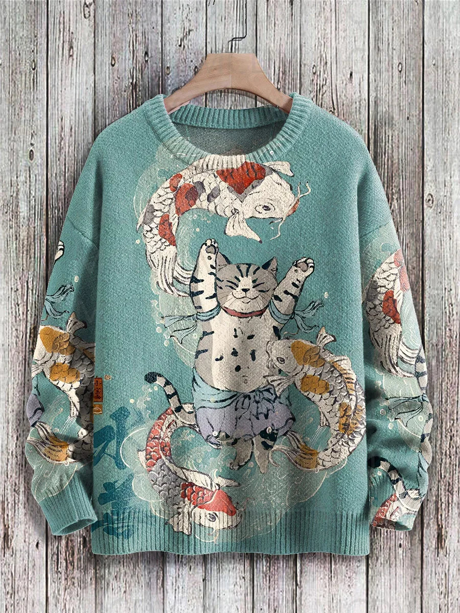 Jersey de punto con estampado de gato para hombre y mujer, jersey de estilo Retro japonés con pintura artística informal
