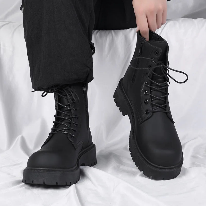 Botas para hombre, botas de cuero informales de alta calidad, botines altos a la moda para exteriores, botines negros para hombre, botas de moto a la moda