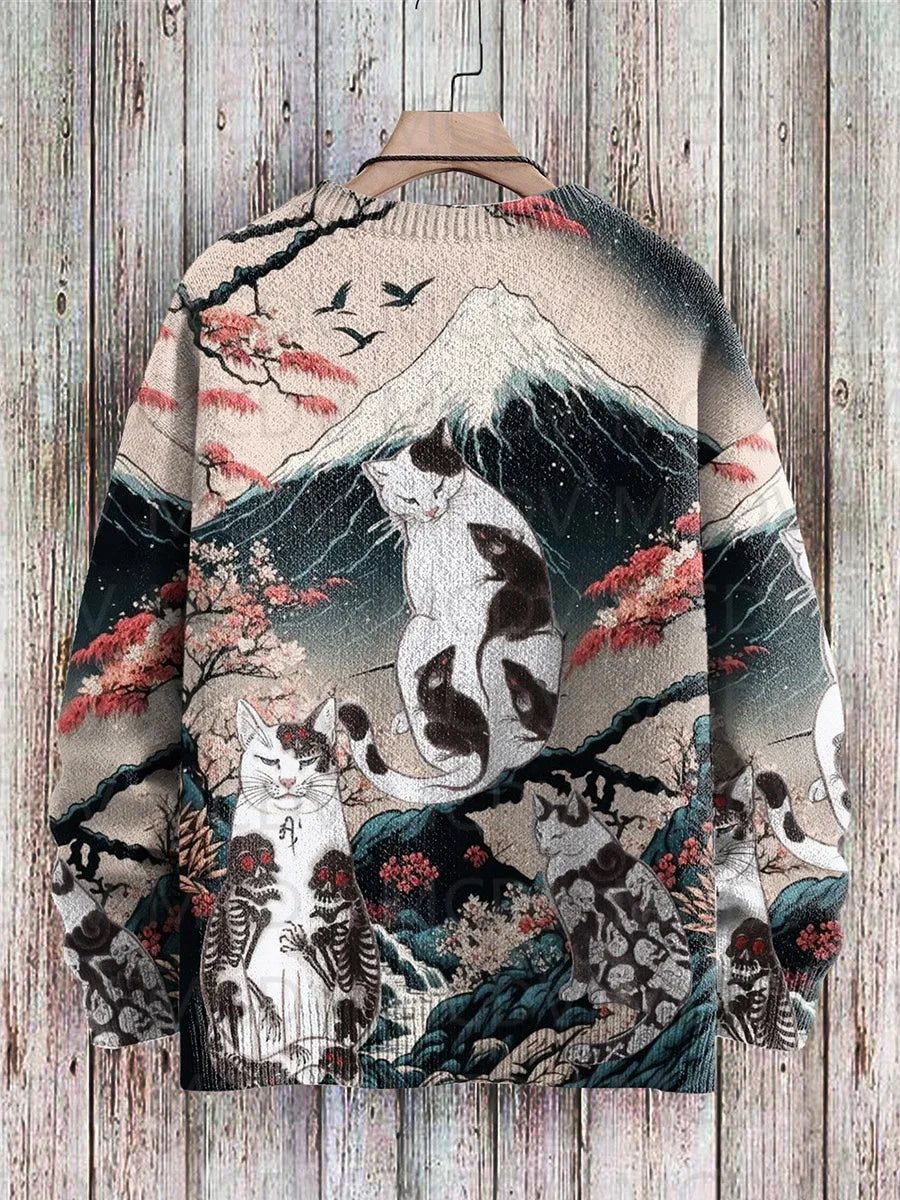 Jersey de punto con estampado de gato para hombre y mujer, jersey de estilo Retro japonés con pintura artística informal