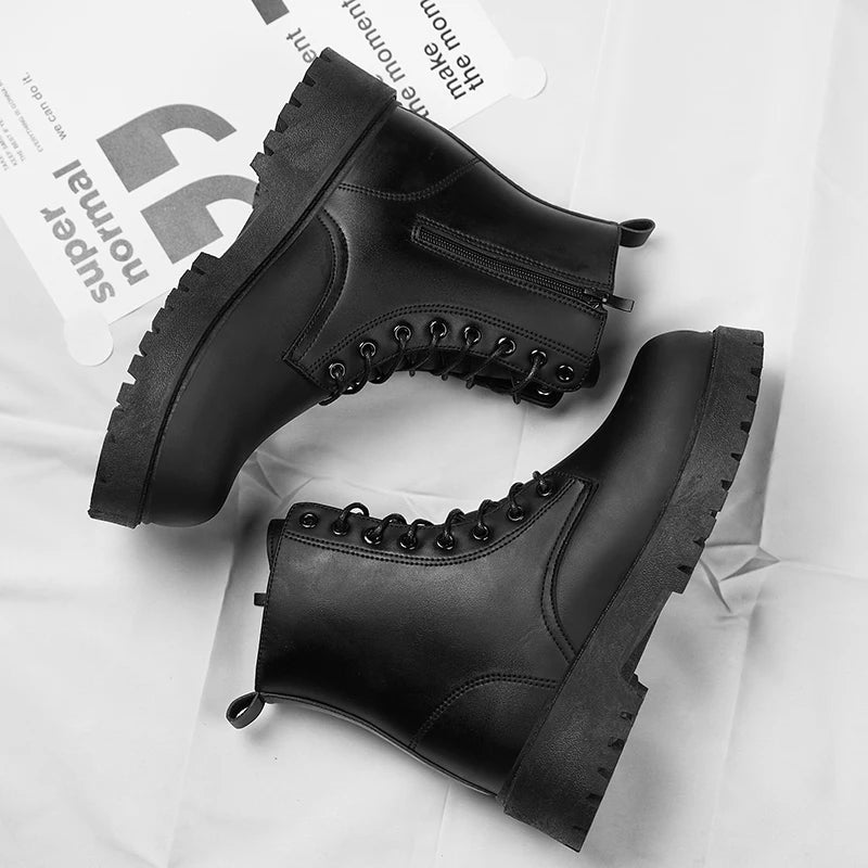 Botas informales para parejas, botas altas de cuero para hombres y mujeres de cuatro estaciones, botas antideslizantes de suela gruesa a la moda para exteriores de talla grande