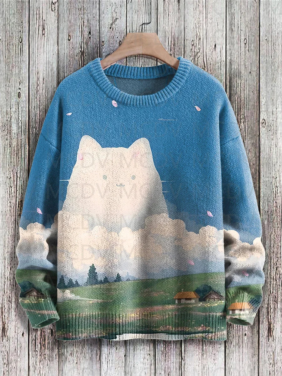 Jersey de punto con estampado de gato para hombre y mujer, jersey de estilo Retro japonés con pintura artística informal