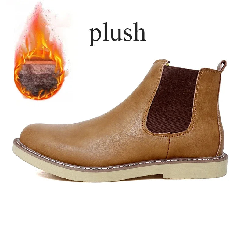 Botas Chelsea de cuero de estilo británico para hombre, botines cortos sin cordones, cálidos, de felpa, para invierno