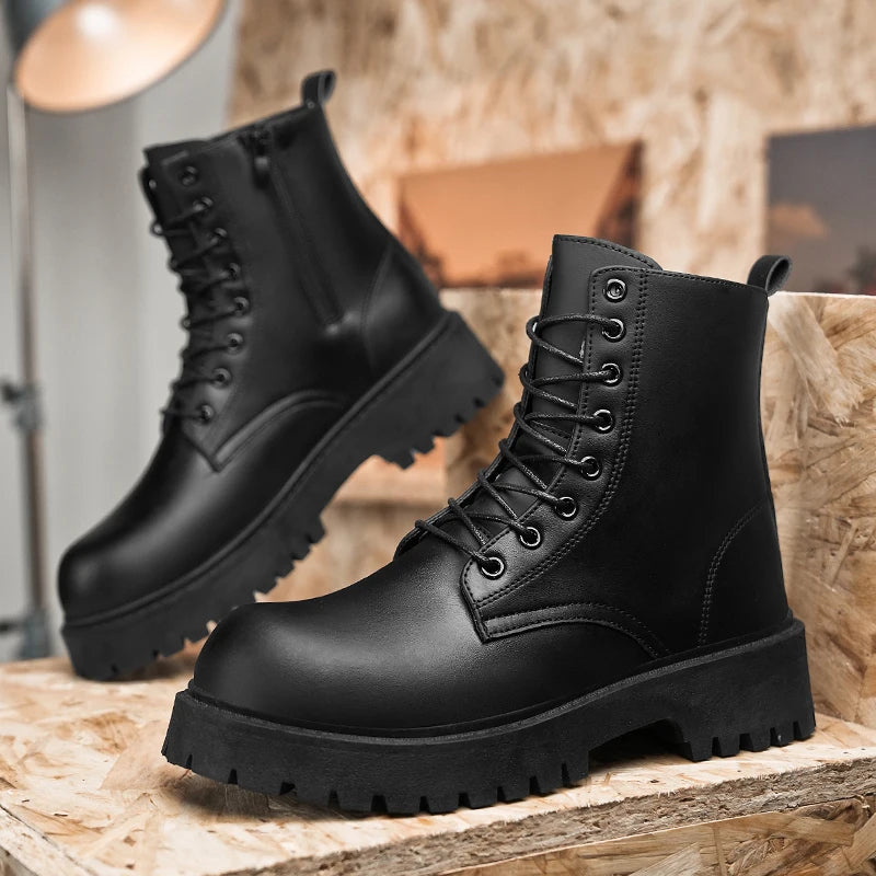 Botas informales para parejas, botas altas de cuero para hombres y mujeres de cuatro estaciones, botas antideslizantes de suela gruesa a la moda para exteriores de talla grande