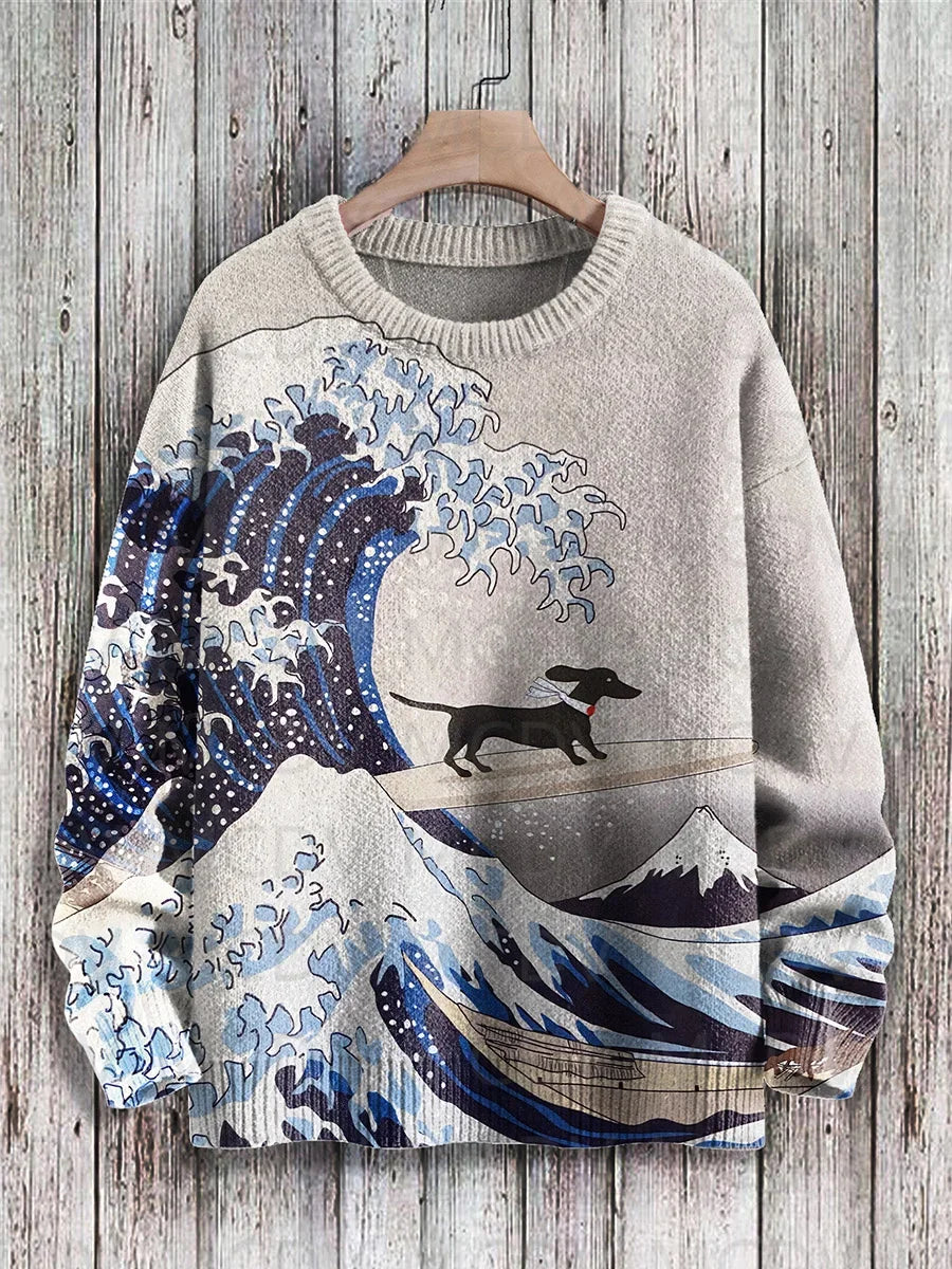 Jersey de punto con estampado de gato para hombre y mujer, jersey de estilo Retro japonés con pintura artística informal