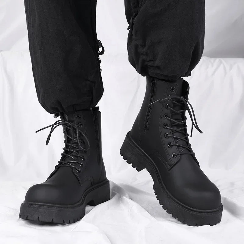 Botas para hombre, botas de cuero informales de alta calidad, botines altos a la moda para exteriores, botines negros para hombre, botas de moto a la moda