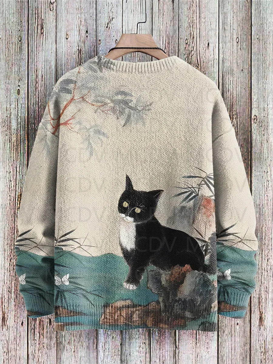 Jersey de punto con estampado de gato para hombre y mujer, jersey de estilo Retro japonés con pintura artística informal