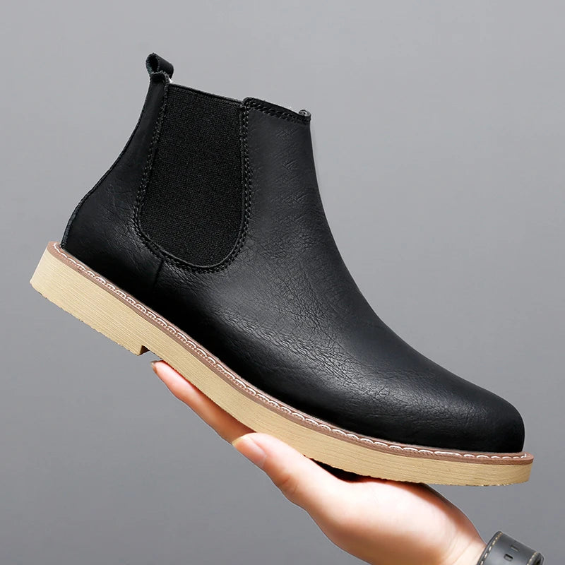 Botas Chelsea de cuero de estilo británico para hombre, botines cortos sin cordones, cálidos, de felpa, para invierno