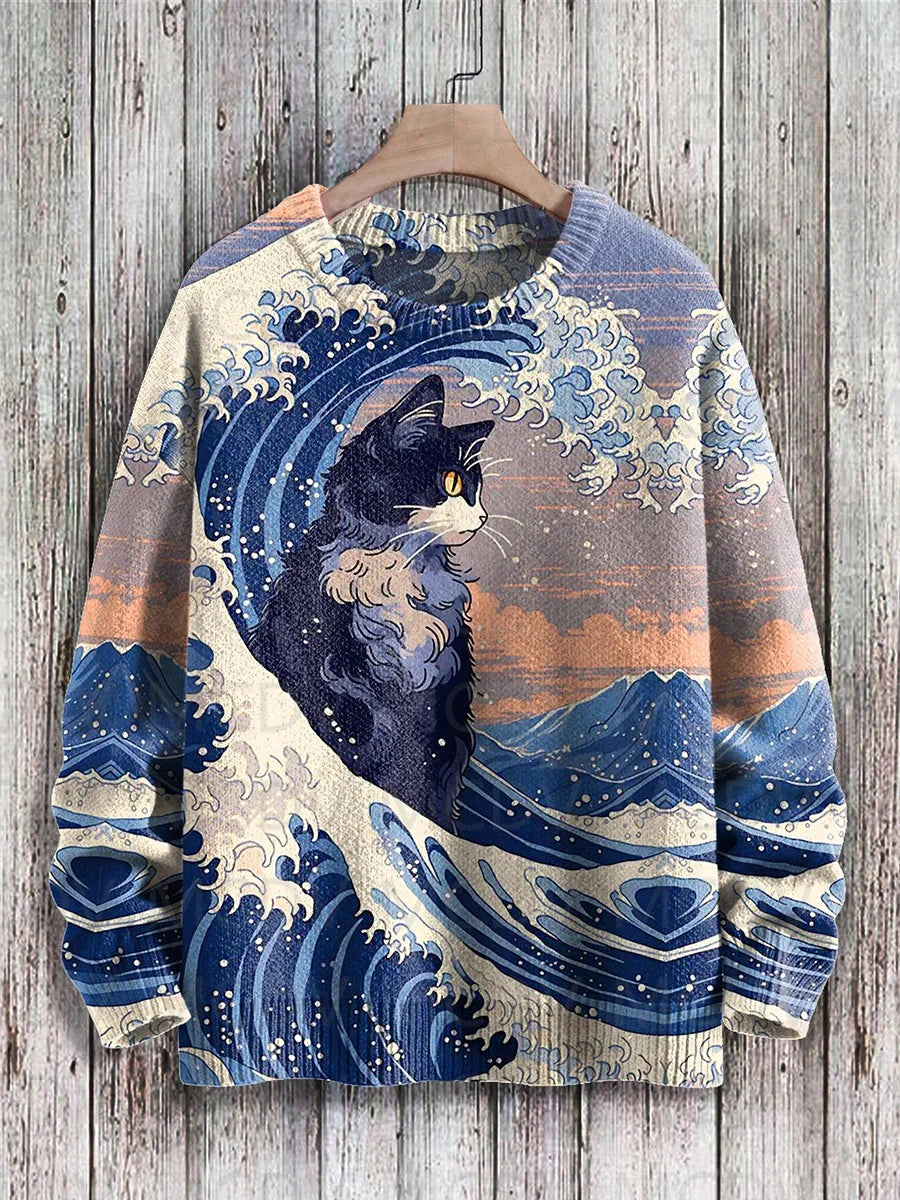 Jersey de punto con estampado de gato para hombre y mujer, jersey de estilo Retro japonés con pintura artística informal